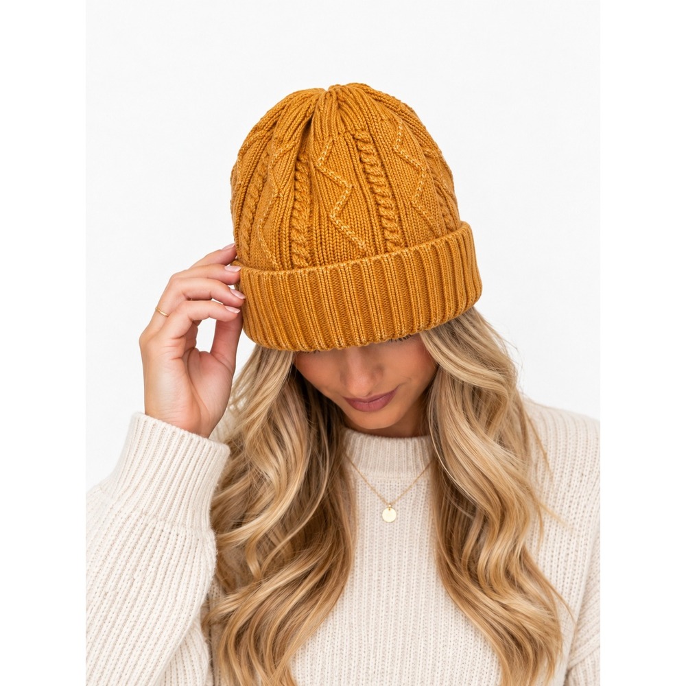 Free People Mustard Yellow Cable Knit Beanie 100% Cotton Boho Cuffed Hat OS
